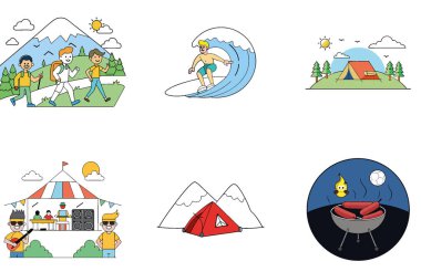 Kamp eğlencesi. Kırsal ve Rekabetçi Toplama Simgeleri. Al, Image Set 'i oluşturdu. Clipart çizgi film deisgn simgeleri