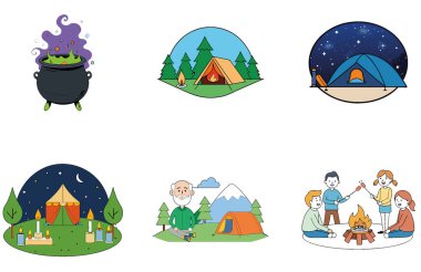 Kamp Malzemeleri. Pratik ve Ferahlatıcı Koleksiyon Simgeleri Paketi. Al, Image Set 'i oluşturdu. Clipart çizgi film deisgn simgeleri