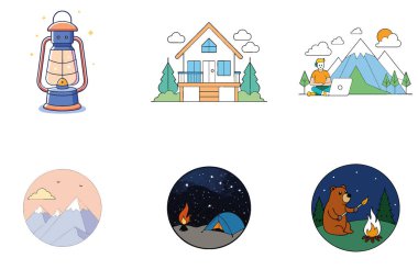 Kamp etkinliği. Geniş ve Manzaralı Toplama Simgeleri Paketi. Al, Image Set 'i oluşturdu. Clipart çizgi film deisgn simgeleri