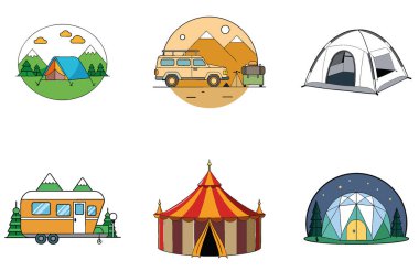 Kamp Macerası. Nefes kesici ve Serene Collection Icons. Al, Image Set 'i oluşturdu. Clipart çizgi film deisgn simgeleri