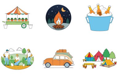 Kamp İnzivası. Sükunet ve Kırsal Koleksiyon Simgeleri Paketi. Al, Image Set 'i oluşturdu. Clipart çizgi film deisgn simgeleri