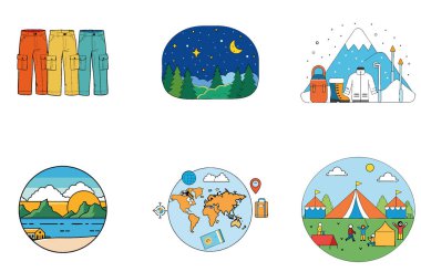 Kamp Gecesi. Huzurlu ve Manzaralı Toplama Simgeleri. Al, Image Set 'i oluşturdu. Clipart çizgi film deisgn simgeleri