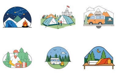 Kamp Festivali. Canlı ve Şenlikli Toplama Simgeleri Paketi. Al, Image Set 'i oluşturdu. Clipart çizgi film deisgn simgeleri