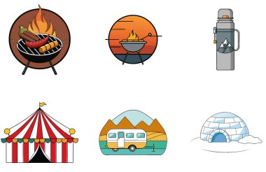 Kamp Sergisi. Modern ve Uygulamalı Koleksiyon Simgeleri. Al, Image Set 'i oluşturdu. Clipart çizgi film deisgn simgeleri