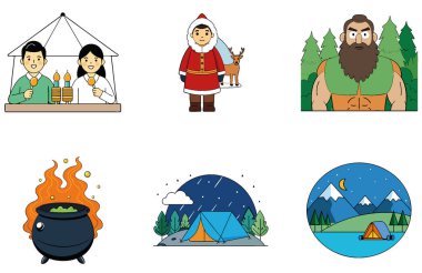 Kamp Macerası. Vatansever ve Manzaralı Toplama Simgeleri. Al, Image Set 'i oluşturdu. Clipart çizgi film deisgn simgeleri