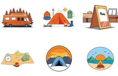 Kamp Aksiyonu. Ateşli ve Enerjik Toplama Simgeleri Paketi. Al, Image Set 'i oluşturdu. Clipart çizgi film deisgn simgeleri