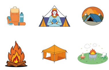 Kamp ziyafeti. Bir deste Kurtarıcı ve Izgara Toplama Simgesi. Al, Image Set 'i oluşturdu. Clipart çizgi film deisgn simgeleri