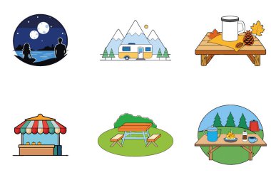 Kamp ziyafeti. Bir paket Sizzling ve Savory Collection Icons. Al, Image Set 'i oluşturdu. Clipart çizgi film deisgn simgeleri