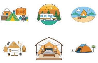 Kamp Macerası. Bir deste Oyuncu ve Rustik Koleksiyon Simgesi. Al, Image Set 'i oluşturdu. Clipart çizgi film deisgn simgeleri