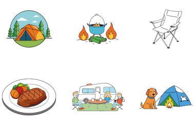 Kamp Macerası. Pratik ve Rustik Toplama Simgeleri Paketi. Al, Image Set 'i oluşturdu. Clipart çizgi film deisgn simgeleri