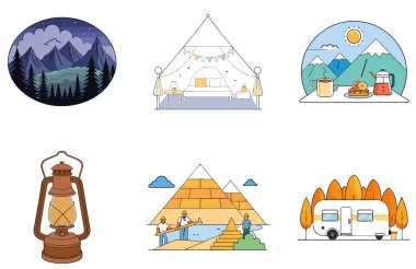 Kamp Macerası. Sıcaklık ve Aydınlanma Toplama Simgeleri Paketi. Al, Image Set 'i oluşturdu. Clipart çizgi film deisgn simgeleri