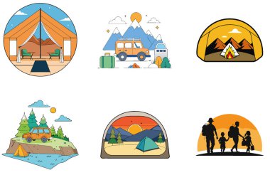 Kamp eğlencesi. Bir buket Neşe ve Arkadaşlık Koleksiyonu Simgeleri. Al, Image Set 'i oluşturdu. Clipart çizgi film deisgn simgeleri