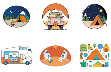 Kamp Keşfi. Canlı ve Kültürel Toplama İkonları Paketi. Al, Image Set 'i oluşturdu. Clipart çizgi film deisgn simgeleri