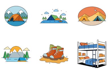 Kamp Gezisi. Manzara ve Sonbahar Koleksiyonu Simgeleri Paketi. Al, Image Set 'i oluşturdu. Clipart çizgi film deisgn simgeleri