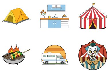 Kamp ziyafeti. Bir deste Smoky and Savory Collection Icons. Al, Image Set 'i oluşturdu. Clipart çizgi film deisgn simgeleri