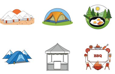 Kamp Macerası. Sükunet ve Kuzey Işıkları Toplama Simgeleri. Al, Image Set 'i oluşturdu. Clipart çizgi film deisgn simgeleri