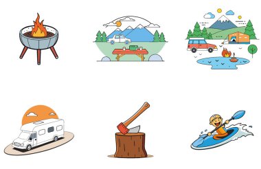 Kamp Macerası. Bir Zirve ve ve Güvenlik Toplama Simgeleri Paketi. Al, Image Set 'i oluşturdu. Clipart çizgi film deisgn simgeleri