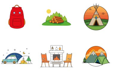 Kaçış Kampı. Bir Yıldız ve Huzur Toplama Simgeleri Paketi. Al, Image Set 'i oluşturdu. Clipart çizgi film deisgn simgeleri