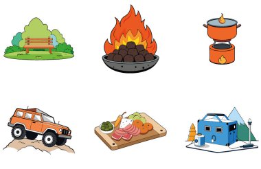 Kamp Macerası. Bir Kurtuluş ve Dayanıklılık Toplama Simgeleri Paketi. Al, Image Set 'i oluşturdu. Clipart çizgi film deisgn simgeleri