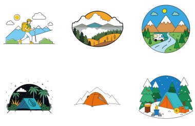 Kamp Macerası. Bir Yıldız ve Huzur Toplama Simgeleri Paketi. Al, Image Set 'i oluşturdu. Clipart çizgi film deisgn simgeleri