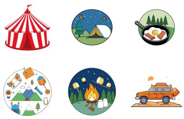 Kamp Işıltısı. Vintage ve Rustic Collection Icons paketi. Al, Image Set 'i oluşturdu. Clipart çizgi film deisgn simgeleri