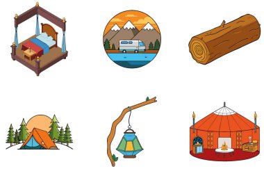 Kamp eğlencesi. Bir demet kaprisli ve oyuncu koleksiyon simgesi. Al, Image Set 'i oluşturdu. Clipart çizgi film deisgn simgeleri