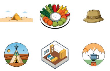 Hayatta Kalma Kampı. Sıcaklık ve Dönüşüm Toplama Simgeleri Paketi. Al, Image Set 'i oluşturdu. Clipart çizgi film deisgn simgeleri