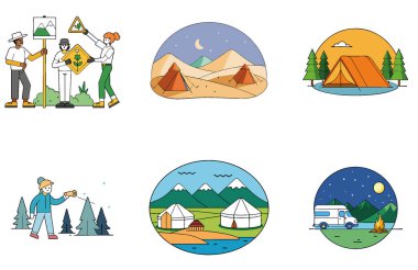 Kamp Macerası. Güçlü ve Temel Koleksiyon Simgelerinden oluşan bir deste. Al, Image Set 'i oluşturdu. Clipart çizgi film deisgn simgeleri