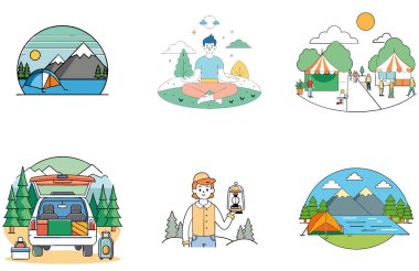 Kamp Gezisi. Sahne ve Huzur Toplama Simgeleri Paketi. Al, Image Set 'i oluşturdu. Clipart çizgi film deisgn simgeleri