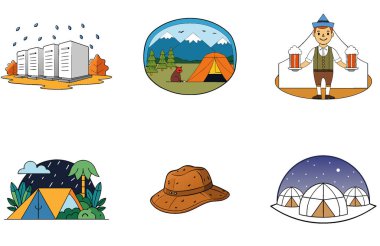 Kamp Macerası. Bir deste Gizem ve Heyecan Toplama Simgeleri. Al, Image Set 'i oluşturdu. Clipart çizgi film deisgn simgeleri