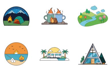 Kamp Macerası. Manzara ve Günbatımı Toplama Simgeleri Paketi. Al, Image Set 'i oluşturdu. Clipart çizgi film deisgn simgeleri