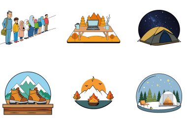 Kamp pikniği. Bir Serenity ve Temiz Hava Toplama Simgeleri Paketi. Al, Image Set 'i oluşturdu. Clipart çizgi film deisgn simgeleri