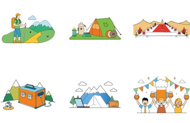 Kamp Macerası. Heyecan ve Huzur Toplama Simgeleri Paketi. Al, Image Set 'i oluşturdu. Clipart çizgi film deisgn simgeleri