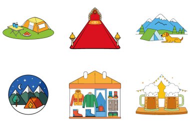 Kamp Macerası. Bir Bağ ve Huzur Toplama Simgeleri Paketi. Al, Image Set 'i oluşturdu. Clipart çizgi film deisgn simgeleri