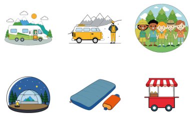 Kamp eğlencesi. Bir Oyuncu ve Merak Koleksiyonu Simgeleri Paketi. Al, Image Set 'i oluşturdu. Clipart çizgi film deisgn simgeleri