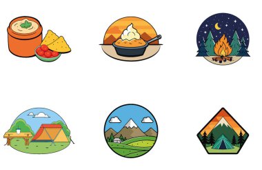 Kamp Keşfi. Canlı ve Kültürel Toplama İkonları Paketi. Al, Image Set 'i oluşturdu. Clipart çizgi film deisgn simgeleri