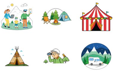 Kamp Gezisi. Özgürlük ve Manzara Toplama Simgeleri Paketi. Al, Image Set 'i oluşturdu. Clipart çizgi film deisgn simgeleri