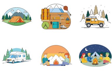 Kamp Macerası. Gezgin Şehveti ve Minimalist Koleksiyon Simgeleri. Al, Image Set 'i oluşturdu. Clipart çizgi film deisgn simgeleri