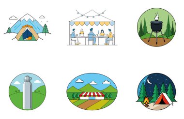 Kamp Görevi. Strateji ve Hayatta Kalma Toplama Simgeleri Paketi. Al, Image Set 'i oluşturdu. Clipart çizgi film deisgn simgeleri