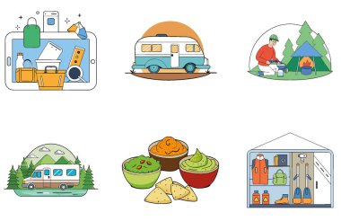 Kamp eğlencesi. Bir demet tatlı ve samimi koleksiyon ikonu. Al, Image Set 'i oluşturdu. Clipart çizgi film deisgn simgeleri