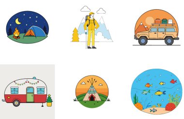 Kamp aktivizmi. Cesaret ve Sürdürülebilirlik Toplama Simgeleri. Al, Image Set 'i oluşturdu. Clipart çizgi film deisgn simgeleri