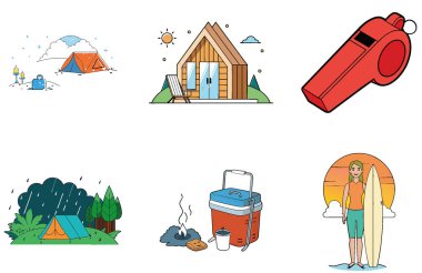 Kutlama kampı. Canlı ve Şenlikli Toplama Simgeleri Paketi. Al, Image Set 'i oluşturdu. Clipart çizgi film deisgn simgeleri