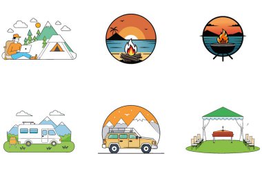 Kamp sanatı. Ateşli ve Canlı Toplama Simgeleri Çubuğu. Al, Image Set 'i oluşturdu. Clipart çizgi film deisgn simgeleri