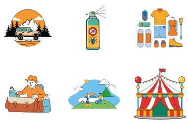 Kamp Macerası. Gezgin Şehveti ve Keşif Toplama Simgeleri Paketi. Al, Image Set 'i oluşturdu. Clipart çizgi film deisgn simgeleri