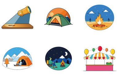 Kamp Macerası. Bir Kurtuluş ve Keşif Toplama Simgeleri Paketi. Al, Image Set 'i oluşturdu. Clipart çizgi film deisgn simgeleri