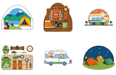 Kamp Gezisi. Gezgin Şehveti ve Günışığı Toplama Simgeleri. Al, Image Set 'i oluşturdu. Clipart çizgi film deisgn simgeleri