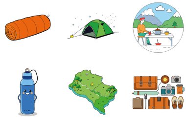 Kamp şovu. Parlak ve Göz kamaştırıcı Koleksiyon Simgeleri. Al, Image Set 'i oluşturdu. Clipart çizgi film deisgn simgeleri