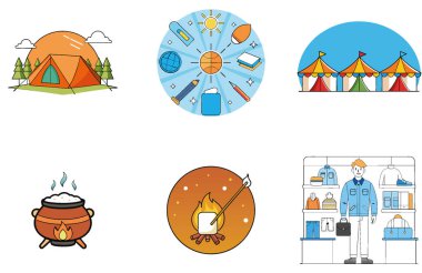 Kaçış Kampı. Bir deste Boho ve Sahil Kıyısı Tahsilat Simgeleri. Al, Image Set 'i oluşturdu. Clipart çizgi film deisgn simgeleri