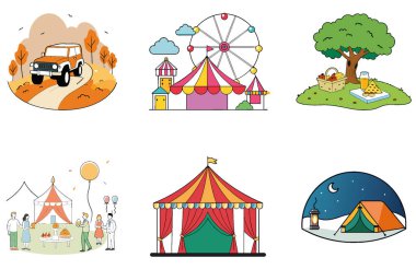 Kamp Macerası. Bir deste Tranquil ve Göçebe Koleksiyon Simgesi. Al, Image Set 'i oluşturdu. Clipart çizgi film deisgn simgeleri