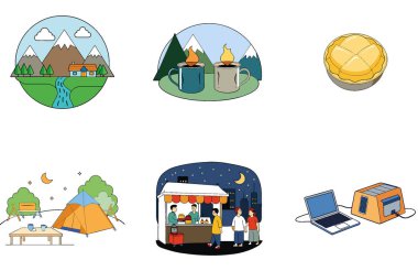 Kaçış Kampı. Sıcaklık ve Huzur Toplama Simgeleri Paketi. Al, Image Set 'i oluşturdu. Clipart çizgi film deisgn simgeleri